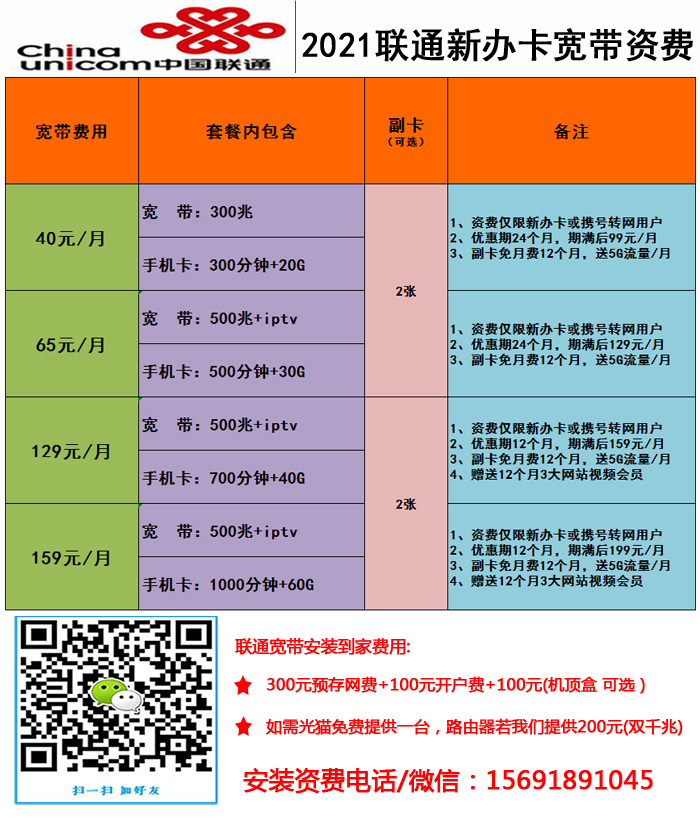 购买联通卡安转宽带收费吗